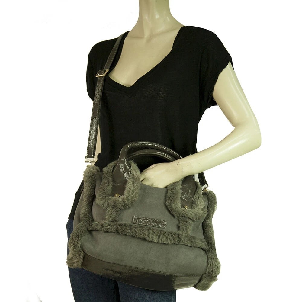 Ferre Milano Gray Faux Shearling Fur & Patent Leather Satchel Handbag - 8