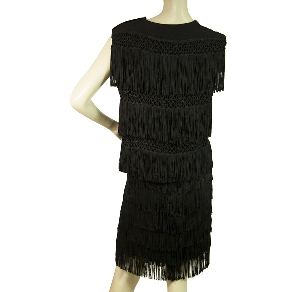 Moschino Couture Vintage Black Fringe Sleeveless Top Skirt Set 42 44 - 2