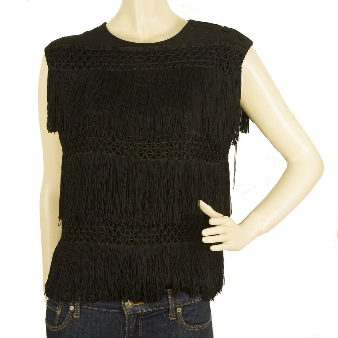 Moschino Couture Vintage Black Fringe Sleeveless Top Skirt Set 42 44 - 6