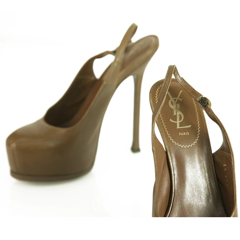 Yves Saint Laurent YSL Tribute TRIBTOO Tan Brown leather Slingback Heels 38.5 - 8