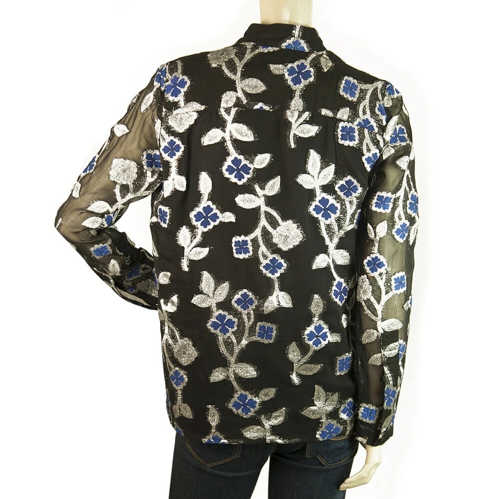 Dodo Bar Or Black Blue Silver Sheer Floral Long Sleeves Tunic Blouse Top Size 42 - 2