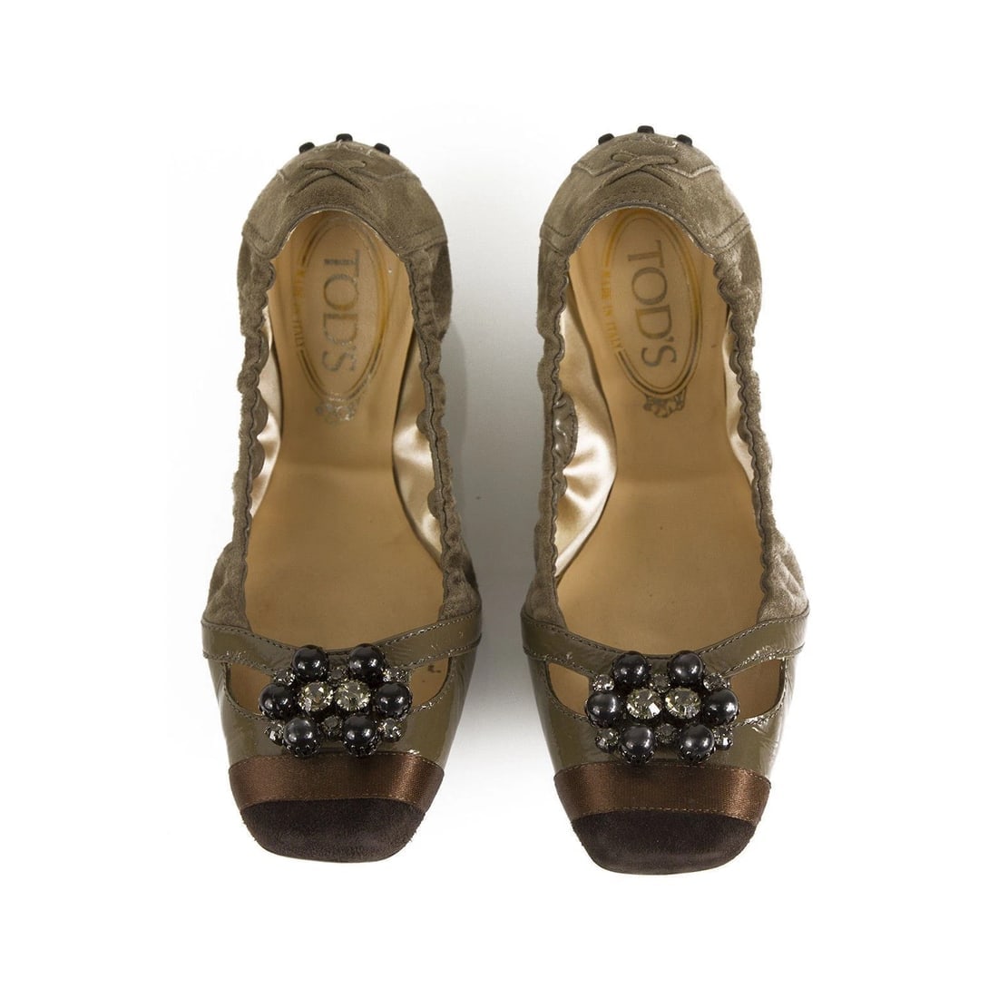 TOD'S Gommino Taupe Suede Beaded Ballerinas Flat Elastic Shoes Rubber Soles 36,5 - 2