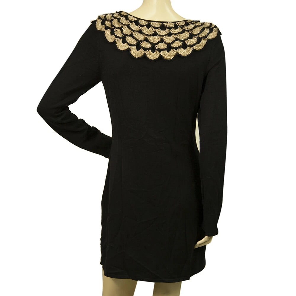 Temperley Black Silk Knit Beige Gold Crochet Bib Long Sleeves Mini Dress size L - 2