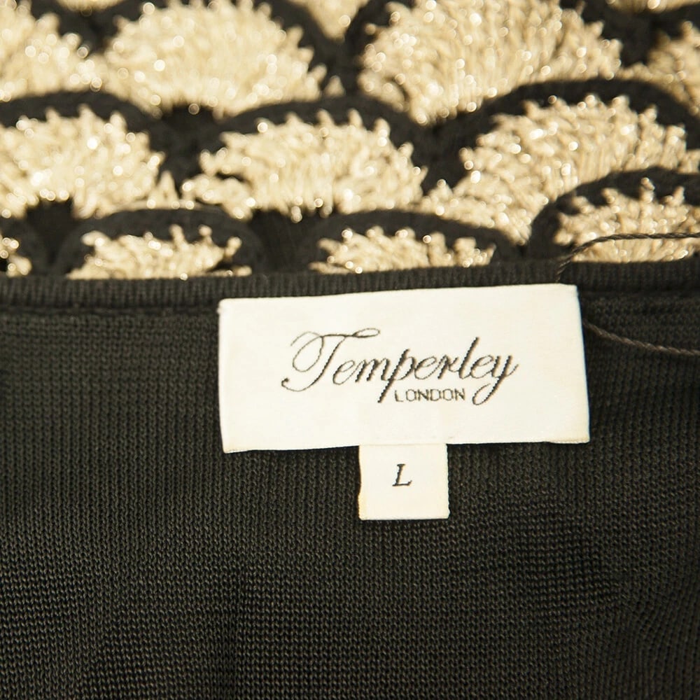 Temperley Black Silk Knit Beige Gold Crochet Bib Long Sleeves Mini Dress size L - 3
