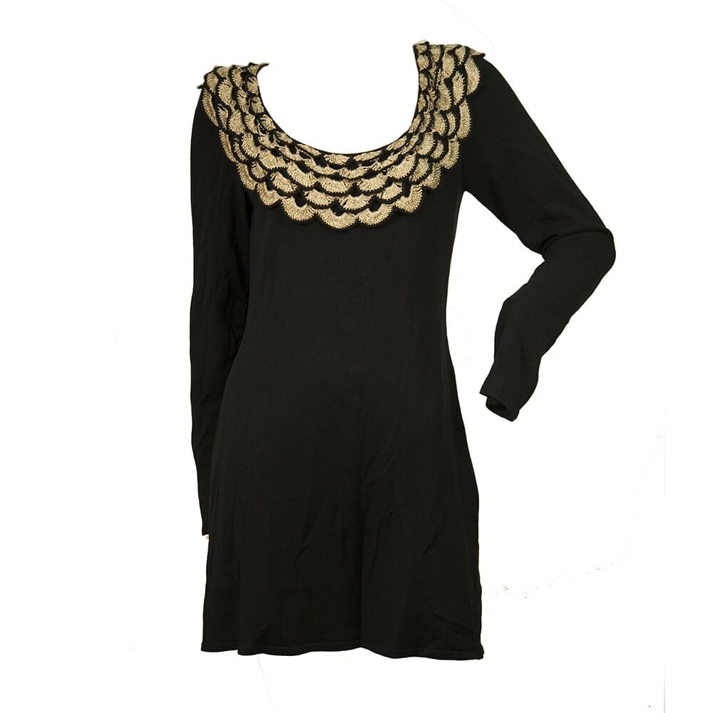 Temperley Black Silk Knit Beige Gold Crochet Bib Long Sleeves Mini Dress size L - 6