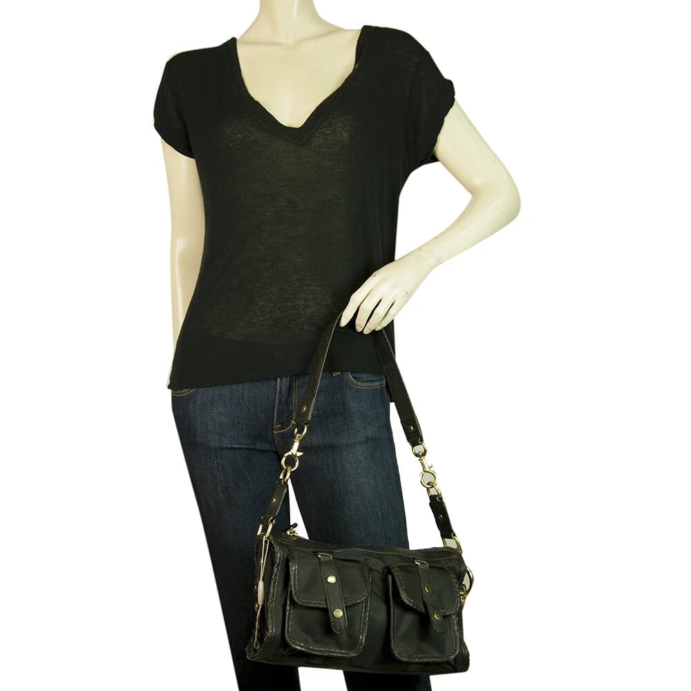 Blugirl Blumarine Black Canvas Snake Embossed Leather Trim Handbag Shoulder Bag - 6