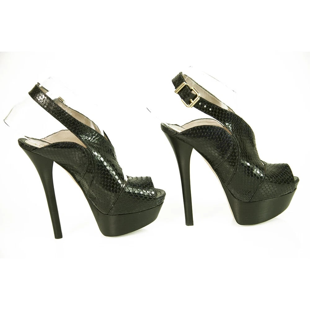 Fendi Black Snakeskin Leather Slingback High Heels Platform Pumps Shoes sz 36.5 - 5