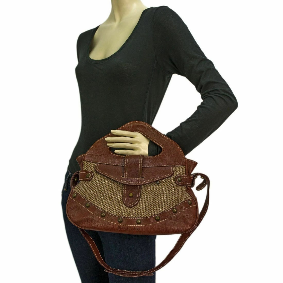 Patricia Pepe Brown Leather Metallic Wool fabric Handbag Shoulder Bag - 10