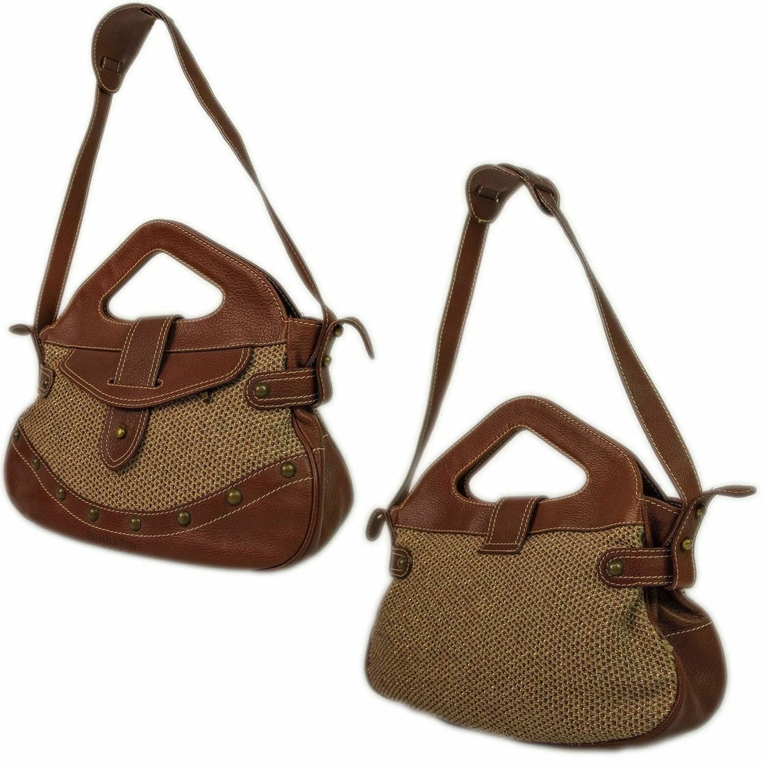 Patricia Pepe Brown Leather Metallic Wool fabric Handbag Shoulder Bag - 4