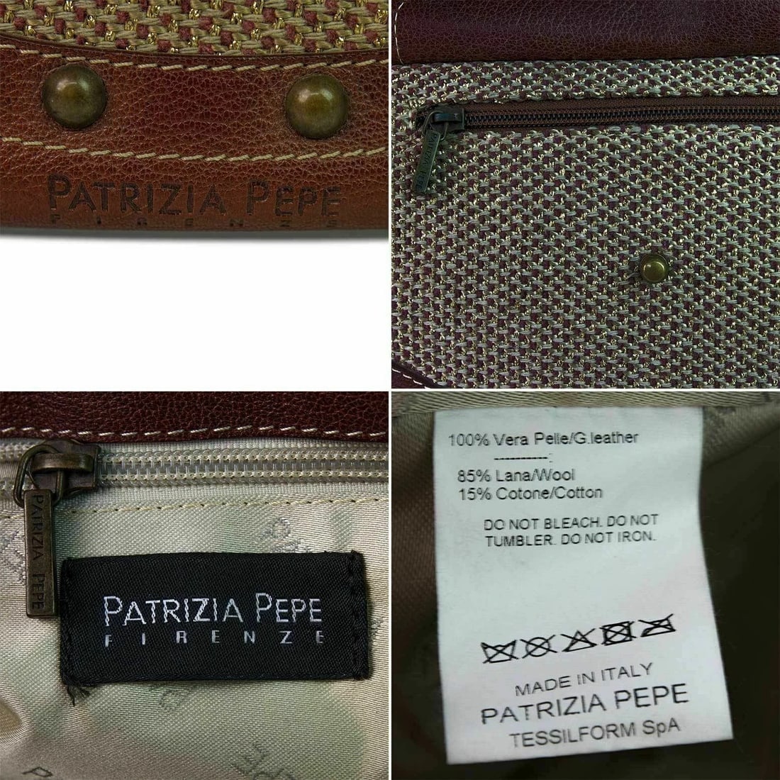 Patricia Pepe Brown Leather Metallic Wool fabric Handbag Shoulder Bag - 7