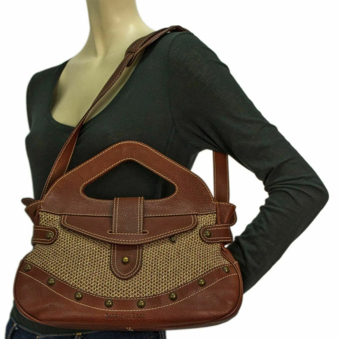 Patricia Pepe Brown Leather Metallic Wool fabric Handbag Shoulder Bag - 9