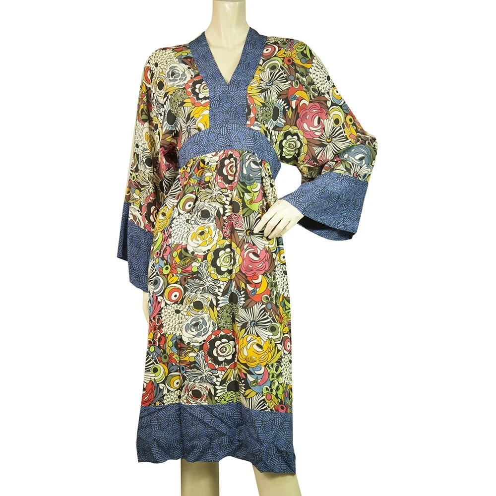 Enny Monaco 100% silk Kaftan Style Kimono Sleeves Floral Knee Dress - Size S (1 of 5)