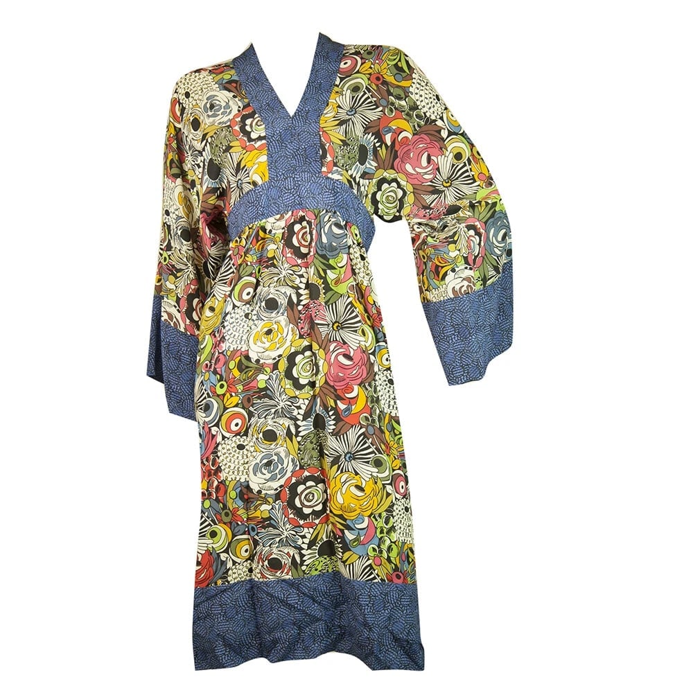Enny Monaco 100% silk Kaftan Style Kimono Sleeves Floral Knee Dress - Size S - 5