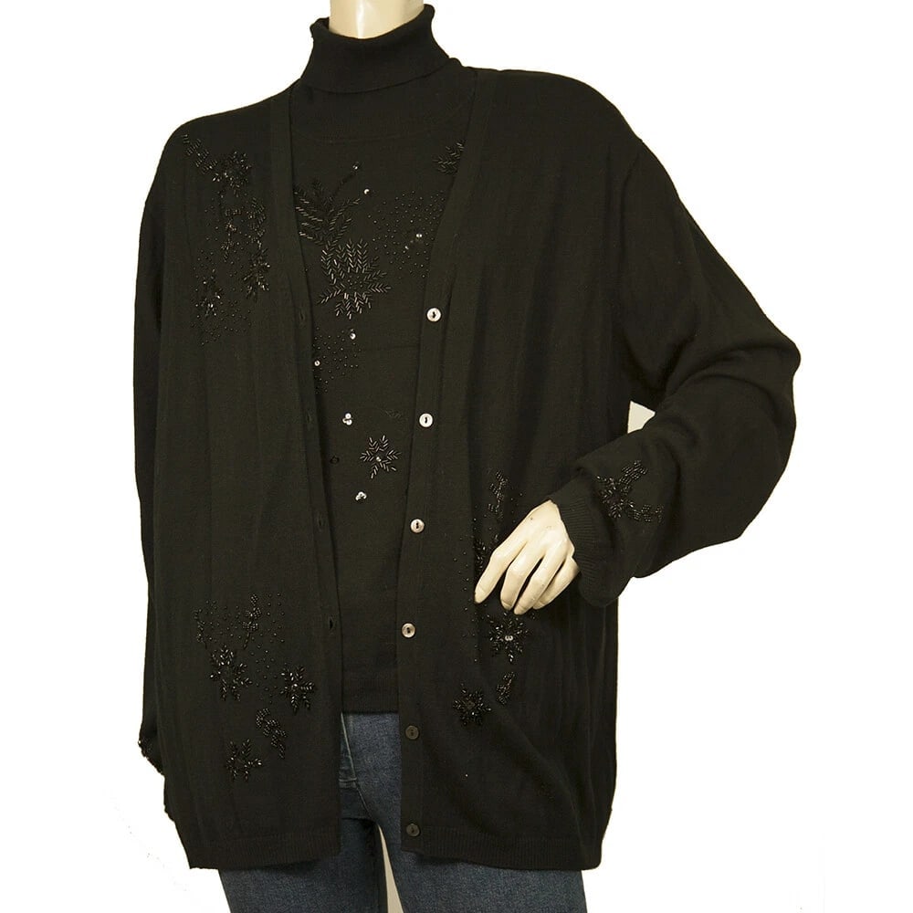 Delmod Black Knit Sleeveless Turtle Neck Top- 42 Sequins Cardigan- 46 Twin Set: Title:Delmod Black Knit Sleeveless Turtle Neck Top- 42 Sequins Cardigan- 46 Twin Set Description:Delmod Black Knit Sleeveless Turtle Neck Top- 42 Sequins Cardigan- 46 Twin Set This Delmod cardigan/top
