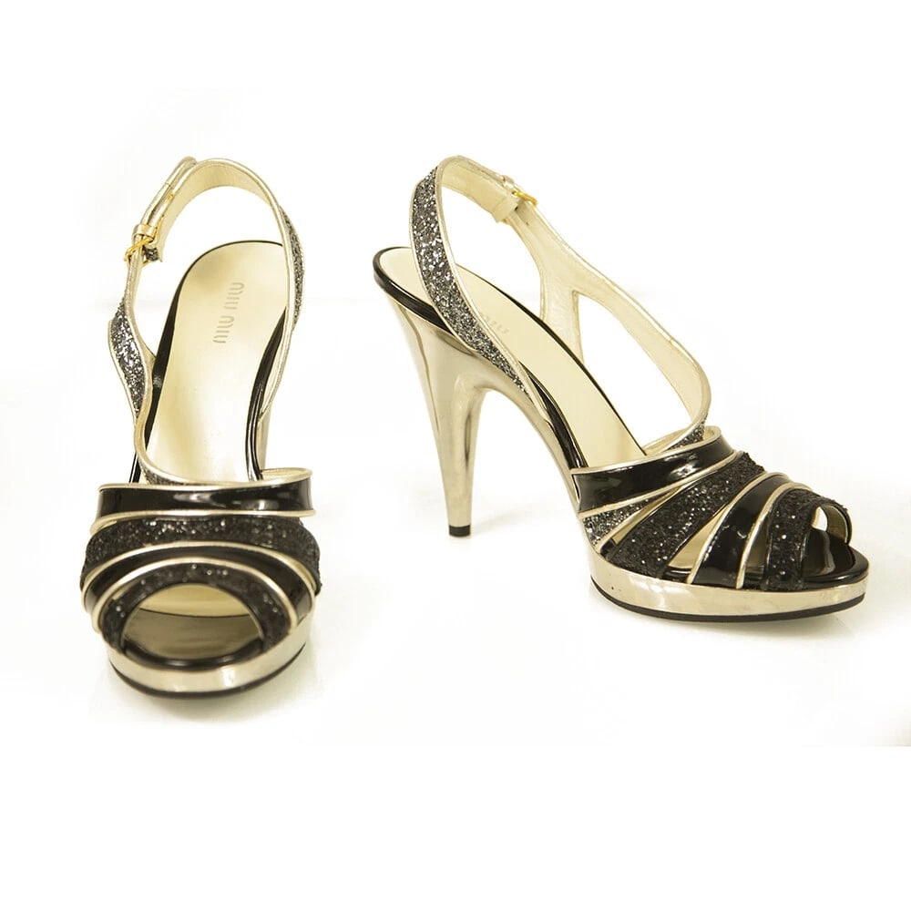 Miu Miu Black Glitter Gold Tone Trim Silver High Heel Strappy Sandals Shoes 40 (1 of 9)