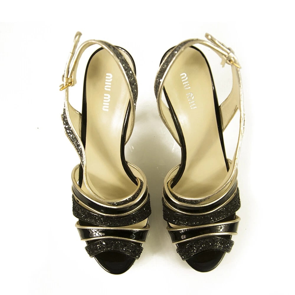 Miu Miu Black Glitter Gold Tone Trim Silver High Heel Strappy Sandals Shoes 40 - 2