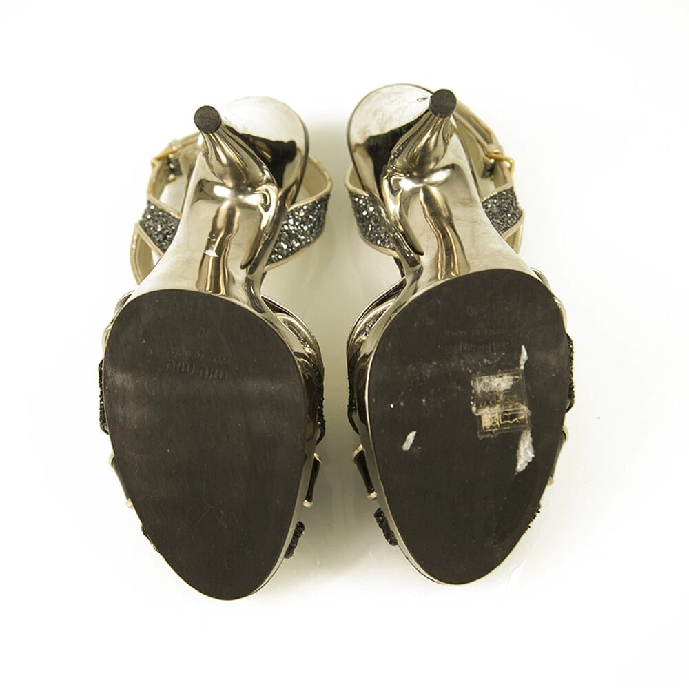 Miu Miu Black Glitter Gold Tone Trim Silver High Heel Strappy Sandals Shoes 40 - 3