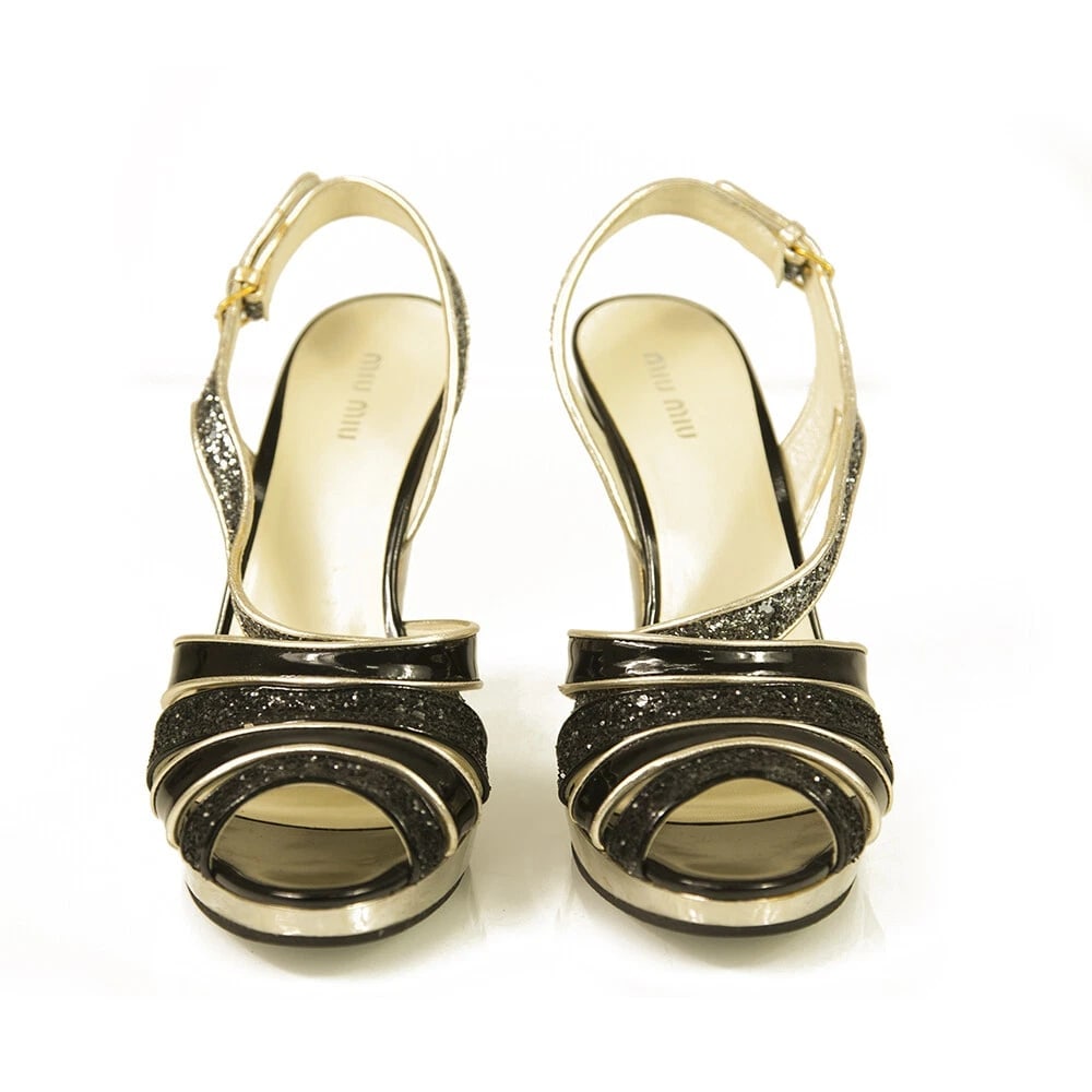 Miu Miu Black Glitter Gold Tone Trim Silver High Heel Strappy Sandals Shoes 40 - 6
