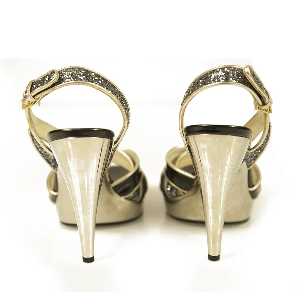 Miu Miu Black Glitter Gold Tone Trim Silver High Heel Strappy Sandals Shoes 40 - 7