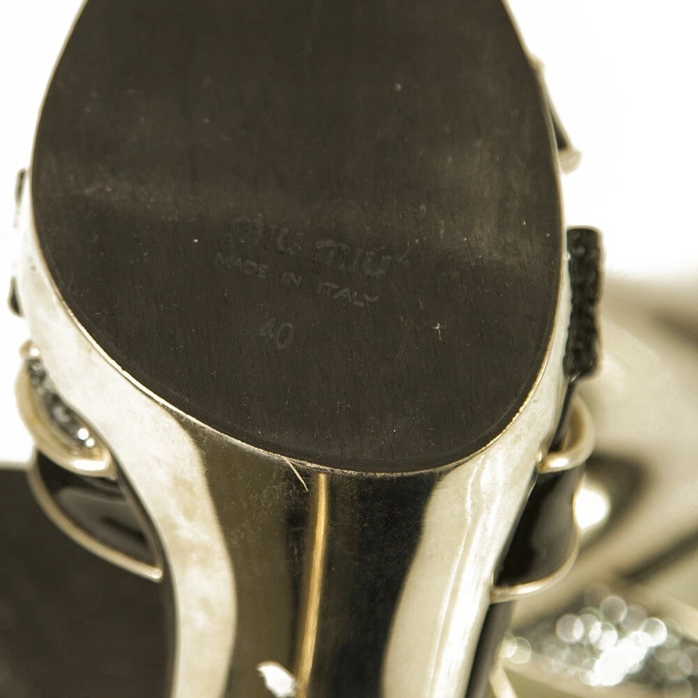 Miu Miu Black Glitter Gold Tone Trim Silver High Heel Strappy Sandals Shoes 40 - 8