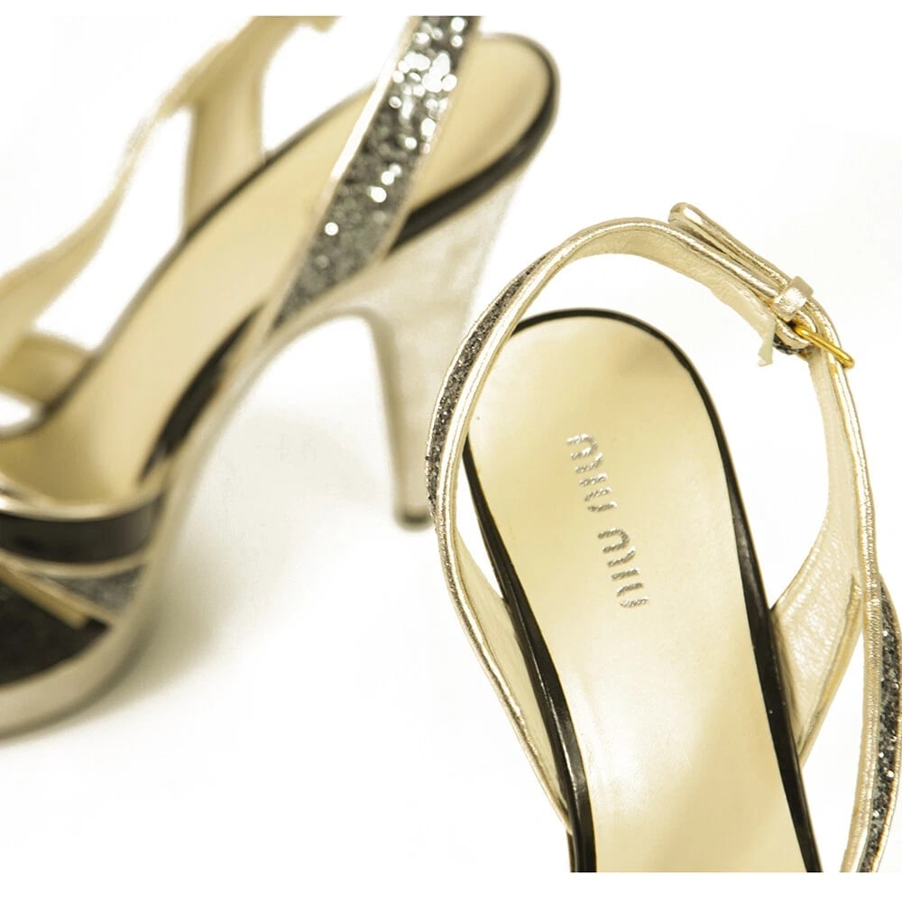 Miu Miu Black Glitter Gold Tone Trim Silver High Heel Strappy Sandals Shoes 40 - 9