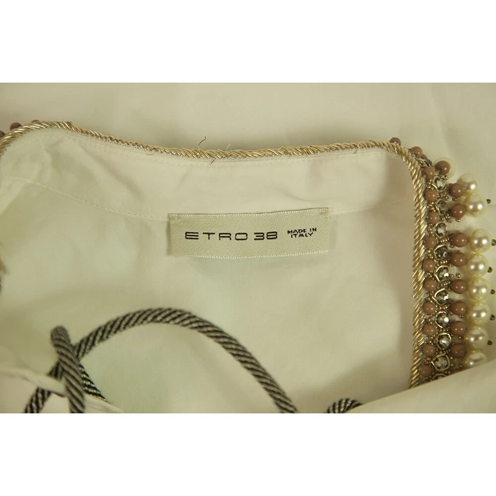 ETRO White Cotton Pearls and Beads Neckline, Tassels Blouse Tunic Top size 38 - 3