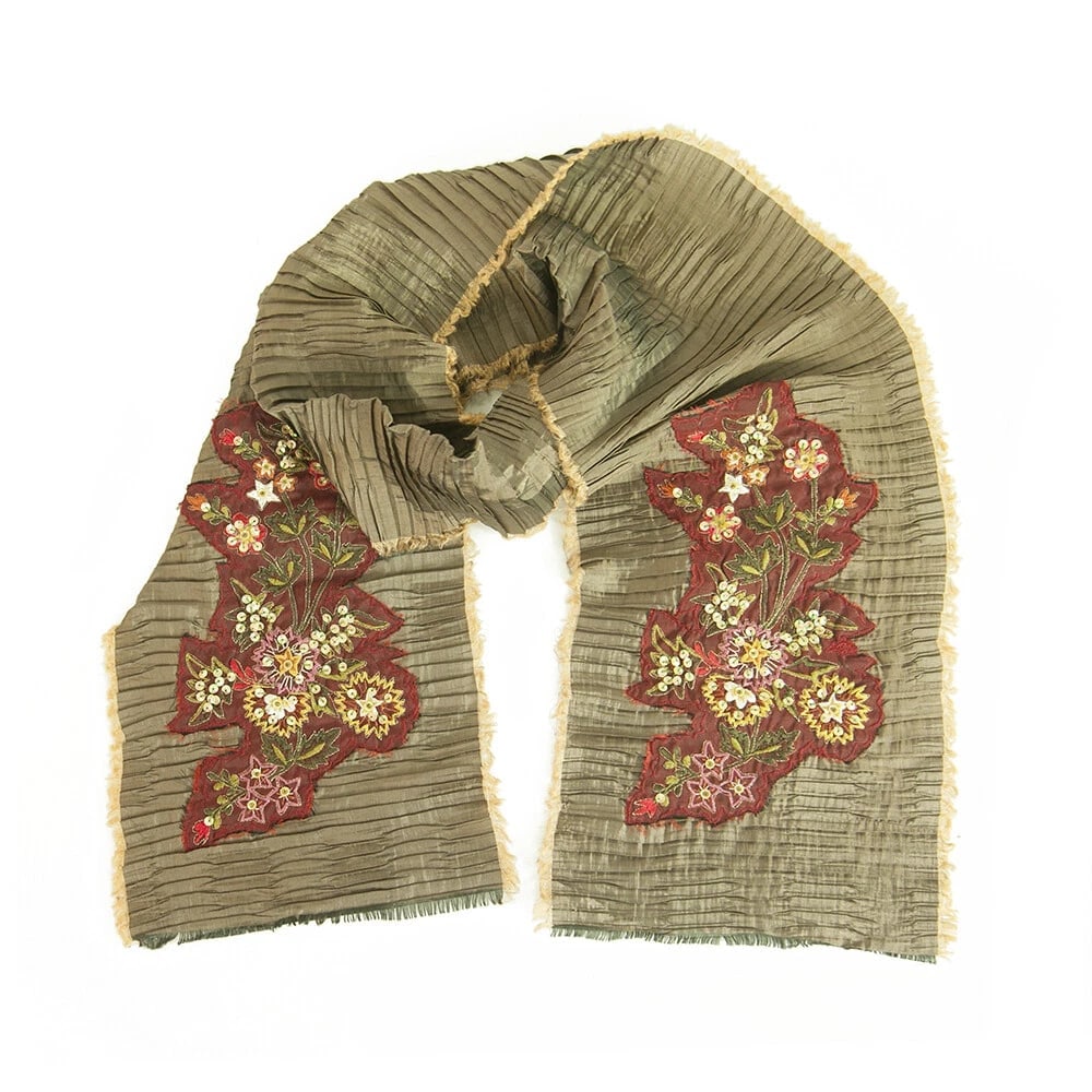 Embroidered Flowers Sequins Taupe Ruched Long Scarf Wrap Cache Col - 2