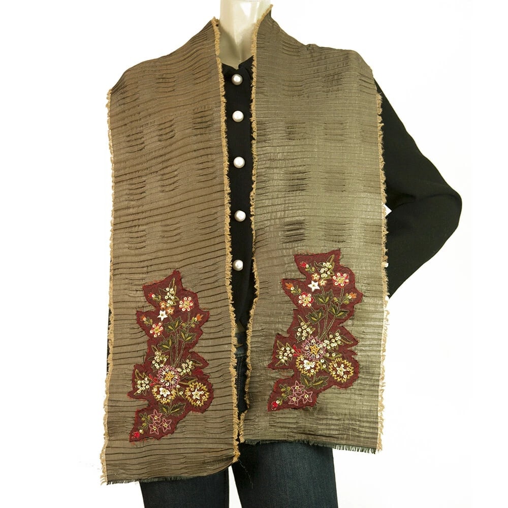 Embroidered Flowers Sequins Taupe Ruched Long Scarf Wrap Cache Col - 3