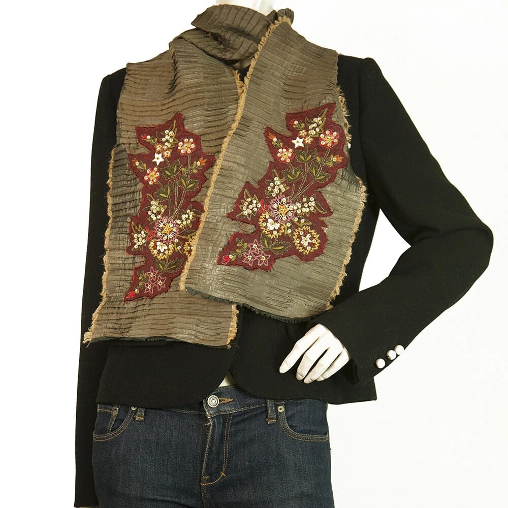 Embroidered Flowers Sequins Taupe Ruched Long Scarf Wrap Cache Col - 4