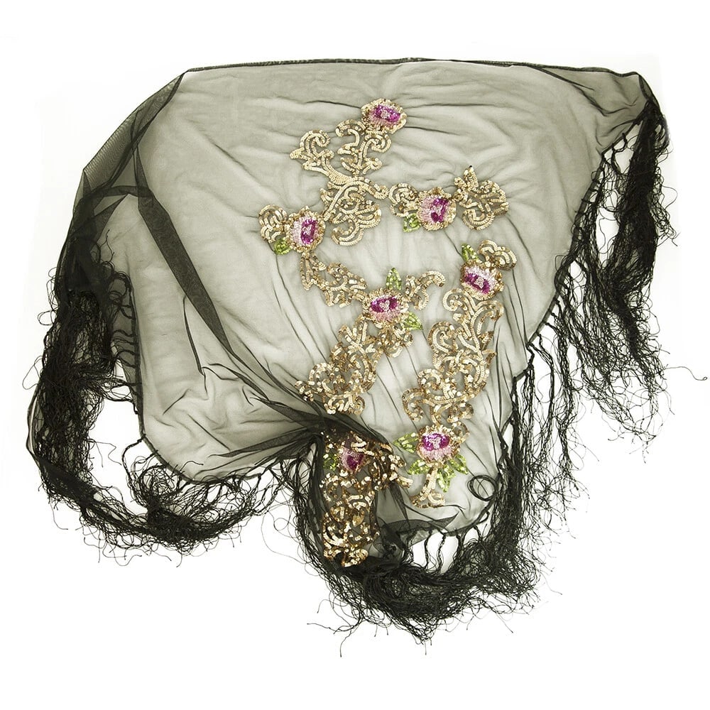 Black Sheer Floral Pink & Gold Sequins Triangle Scarf Shawl with Fringes - 2
