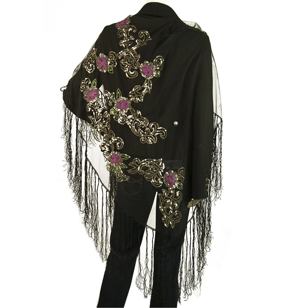 Black Sheer Floral Pink & Gold Sequins Triangle Scarf Shawl with Fringes - 3