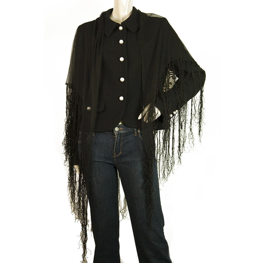 Black Sheer Floral Pink & Gold Sequins Triangle Scarf Shawl with Fringes - 4