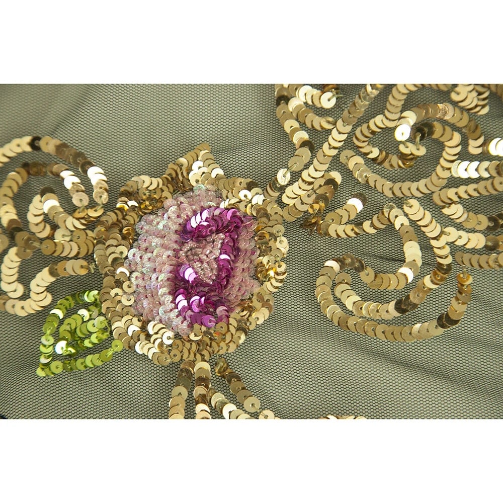 Black Sheer Floral Pink & Gold Sequins Triangle Scarf Shawl with Fringes - 5