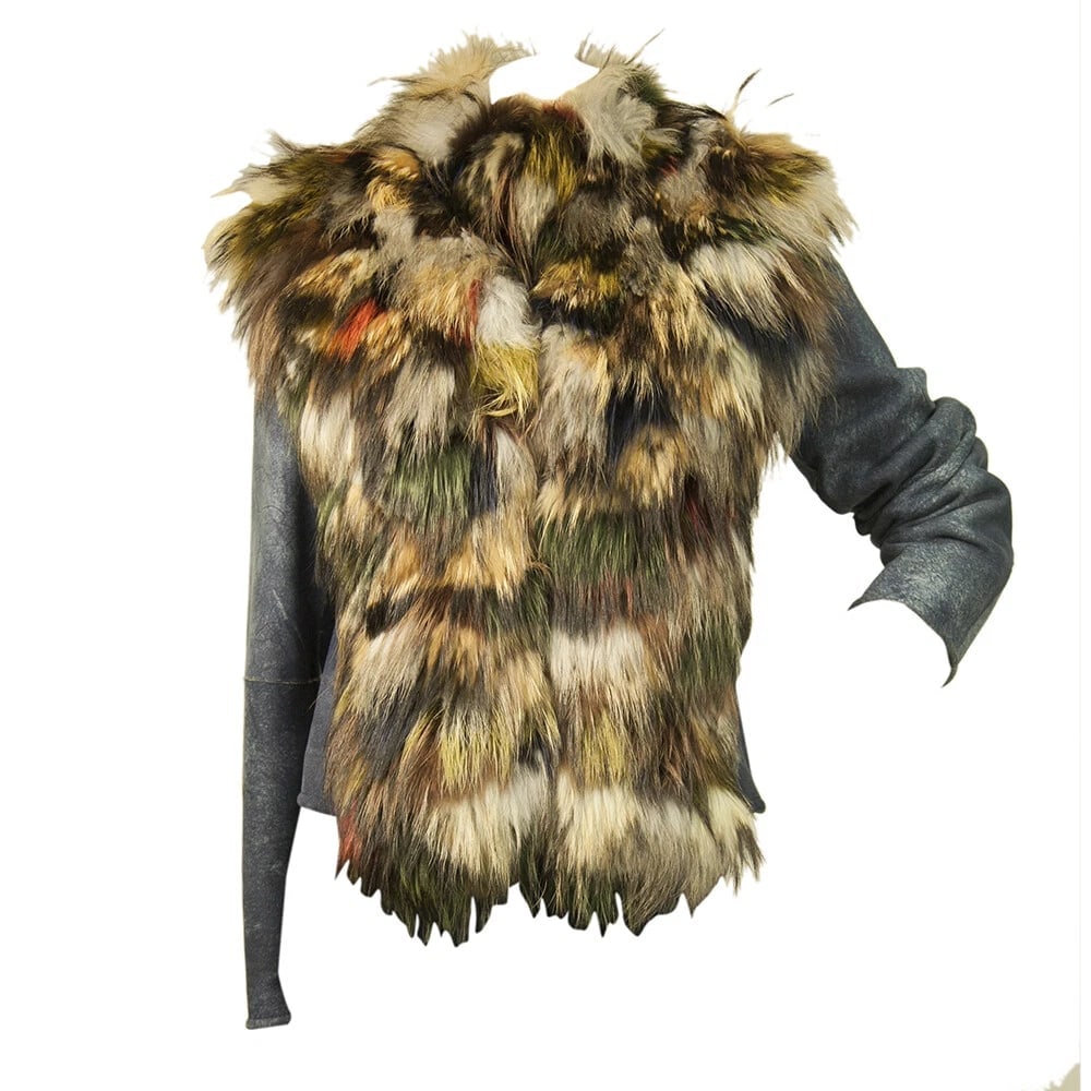 Artico Blue Shearling Multicolor Fur Long Sleeve Short Jacket Coat size 42 - 7