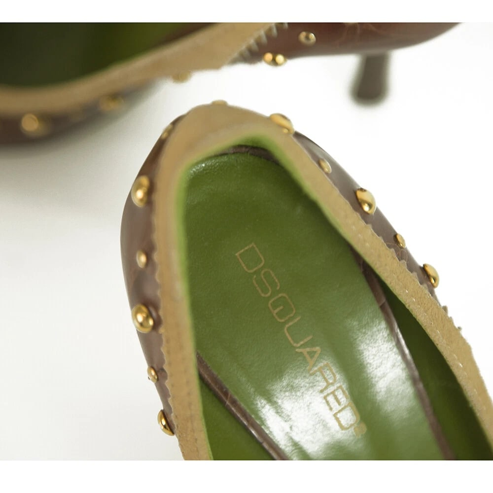 Dsquared 2 Croco Embossed Brown Leather Studs Moccasin Pumps Heels Shoes 40 - 7