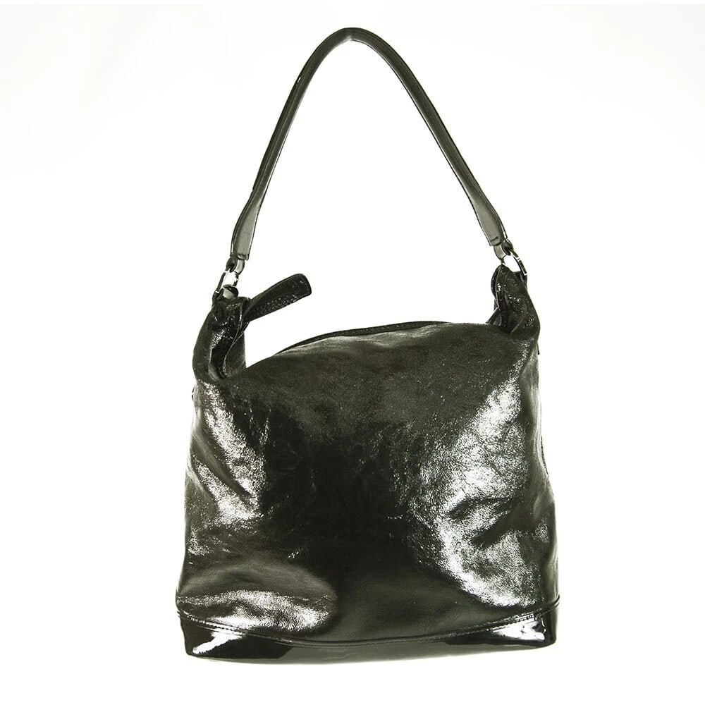 Longchamp Black Shiny Leather Front Pocket Zipper Top Hobo Shoulder bag Handbag - 2