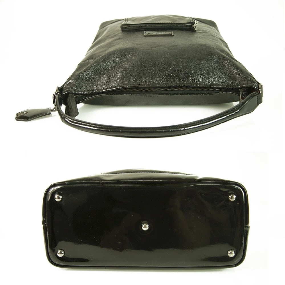 Longchamp Black Shiny Leather Front Pocket Zipper Top Hobo Shoulder bag Handbag - 3