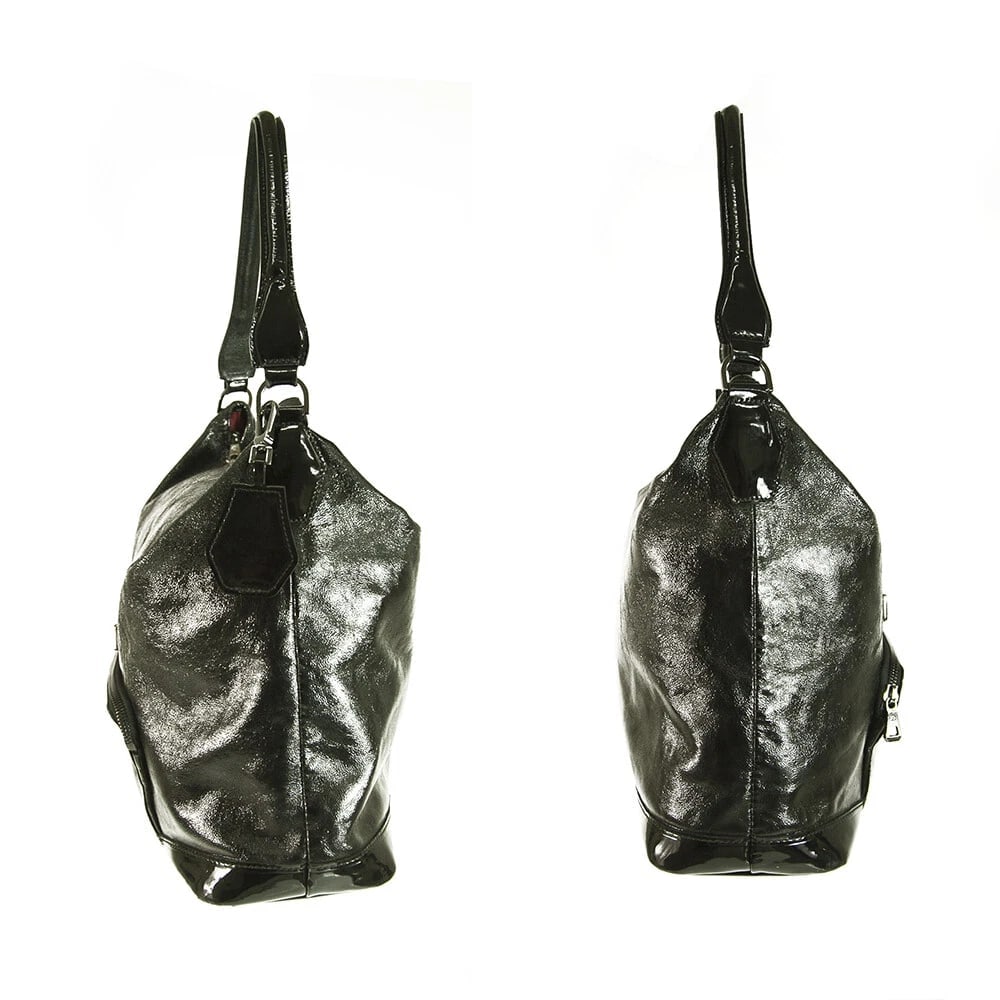 Longchamp Black Shiny Leather Front Pocket Zipper Top Hobo Shoulder bag Handbag - 5