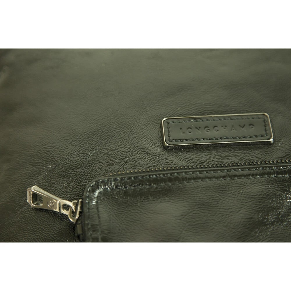 Longchamp Black Shiny Leather Front Pocket Zipper Top Hobo Shoulder bag Handbag - 6