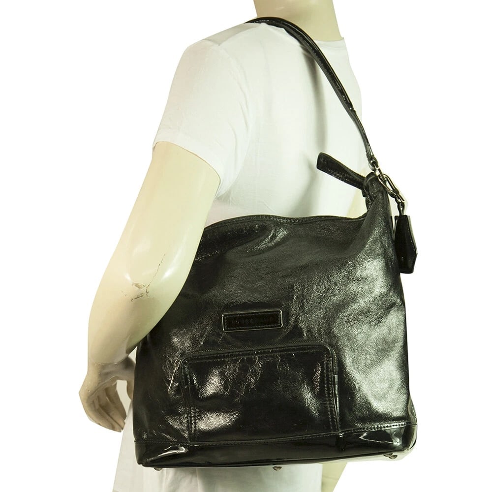 Longchamp Black Shiny Leather Front Pocket Zipper Top Hobo Shoulder bag Handbag - 8