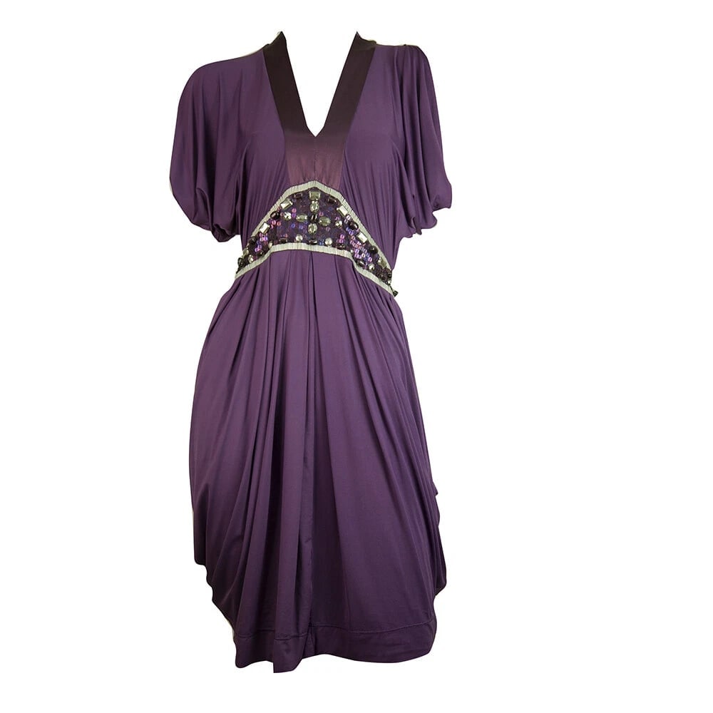 Pinko Purple Draped Empire Waist Beads Sequins Sleeveless Knee Dress sz L - 6