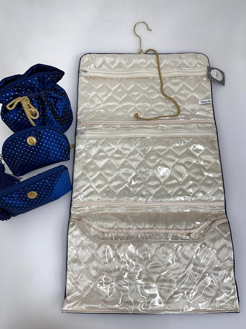 CHRISTIAN DIOR Unused Vintage Navy Blue Satin Travel Set - 10