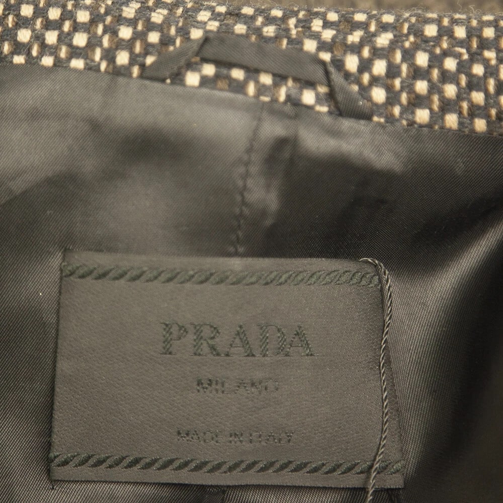 Prada Brown, Beige & Black Tweed Virgin Wool below the knee Coat with bow sz 42 - 3