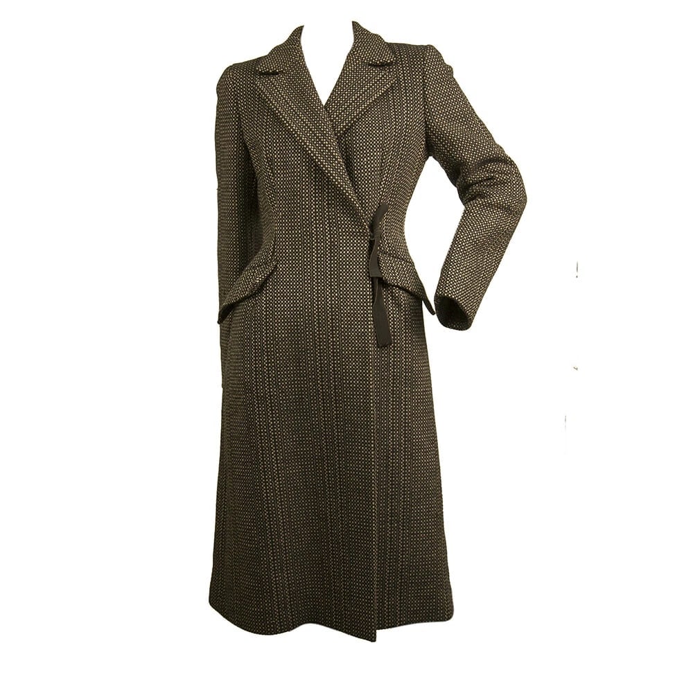 Prada Brown, Beige & Black Tweed Virgin Wool below the knee Coat with bow sz 42 - 6