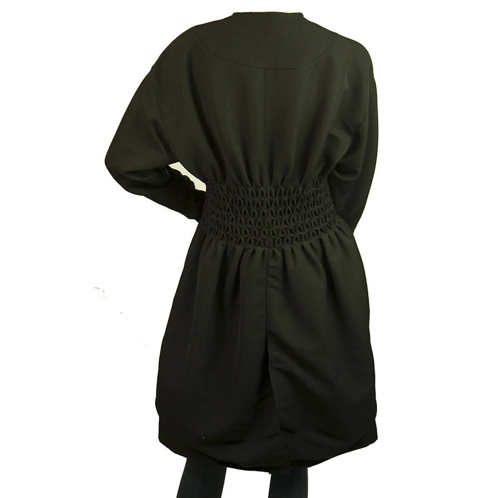 Christian Lacroix Black Wool Gathered Waist Collarless V Neckline Coat sz 38 Fr - 2