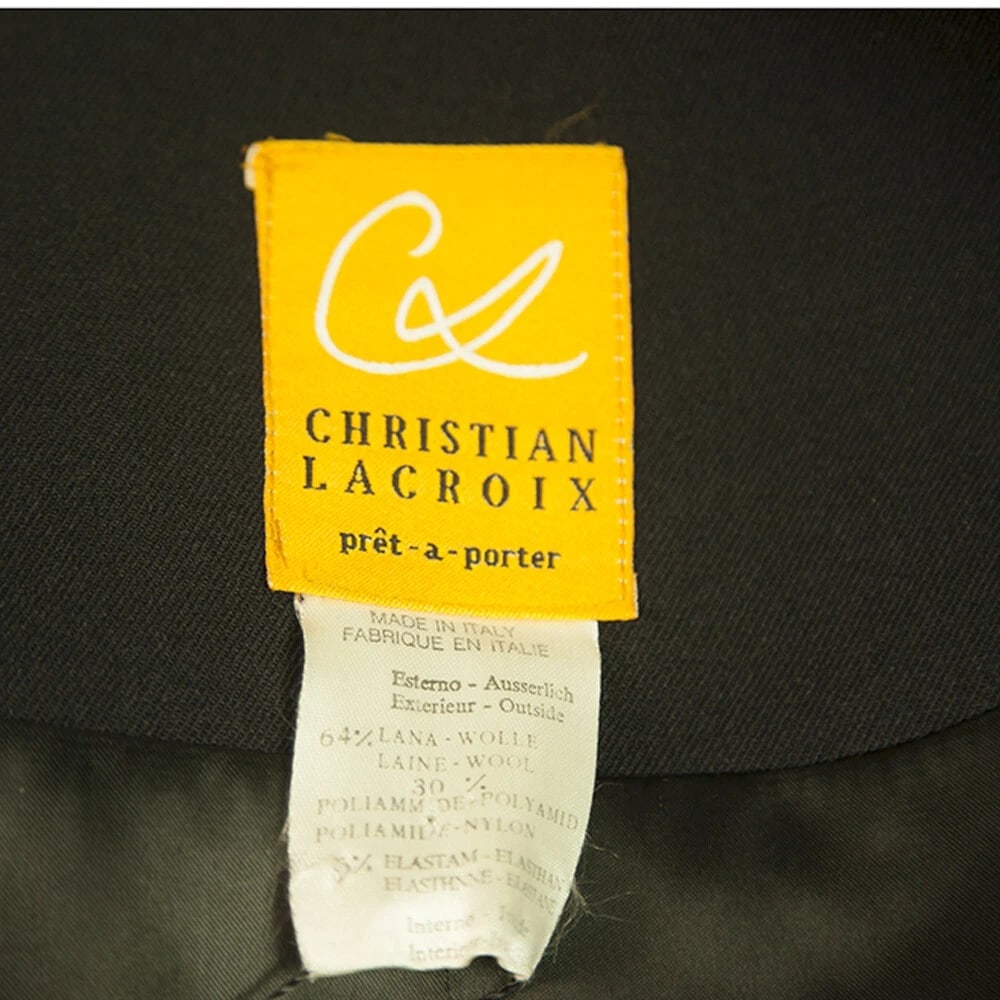 Christian Lacroix Black Wool Gathered Waist Collarless V Neckline Coat sz 38 Fr - 3