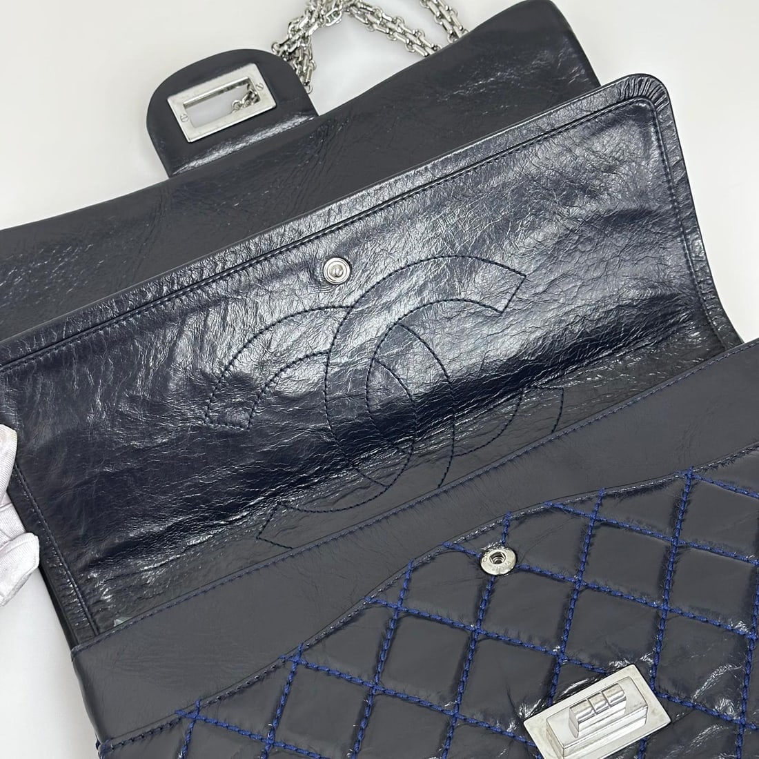 CHANEL Reissue 2.55 Bag, Size 30, Navy Blue Leather with Silver Hardware - 15