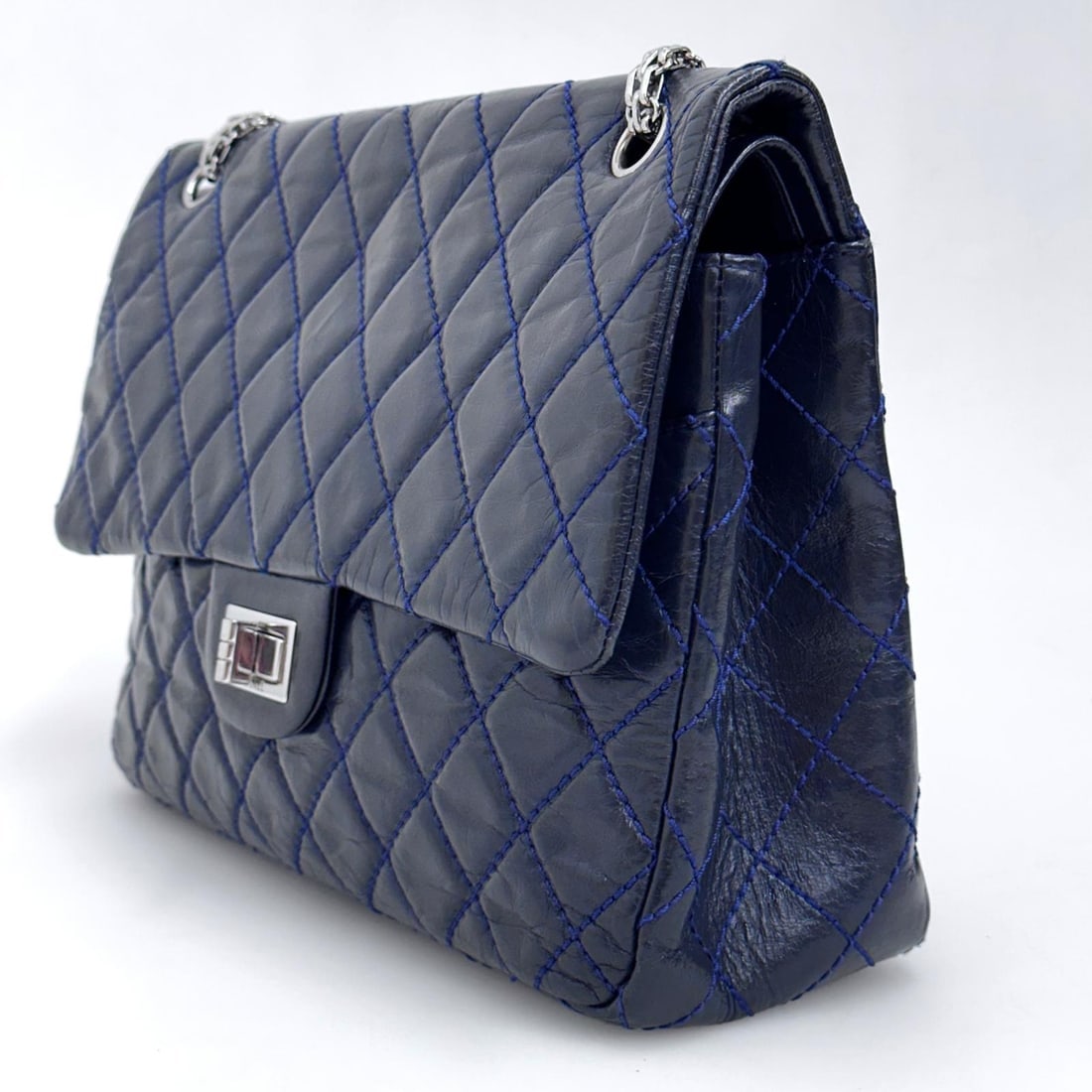 CHANEL Reissue 2.55 Bag, Size 30, Navy Blue Leather with Silver Hardware - 3