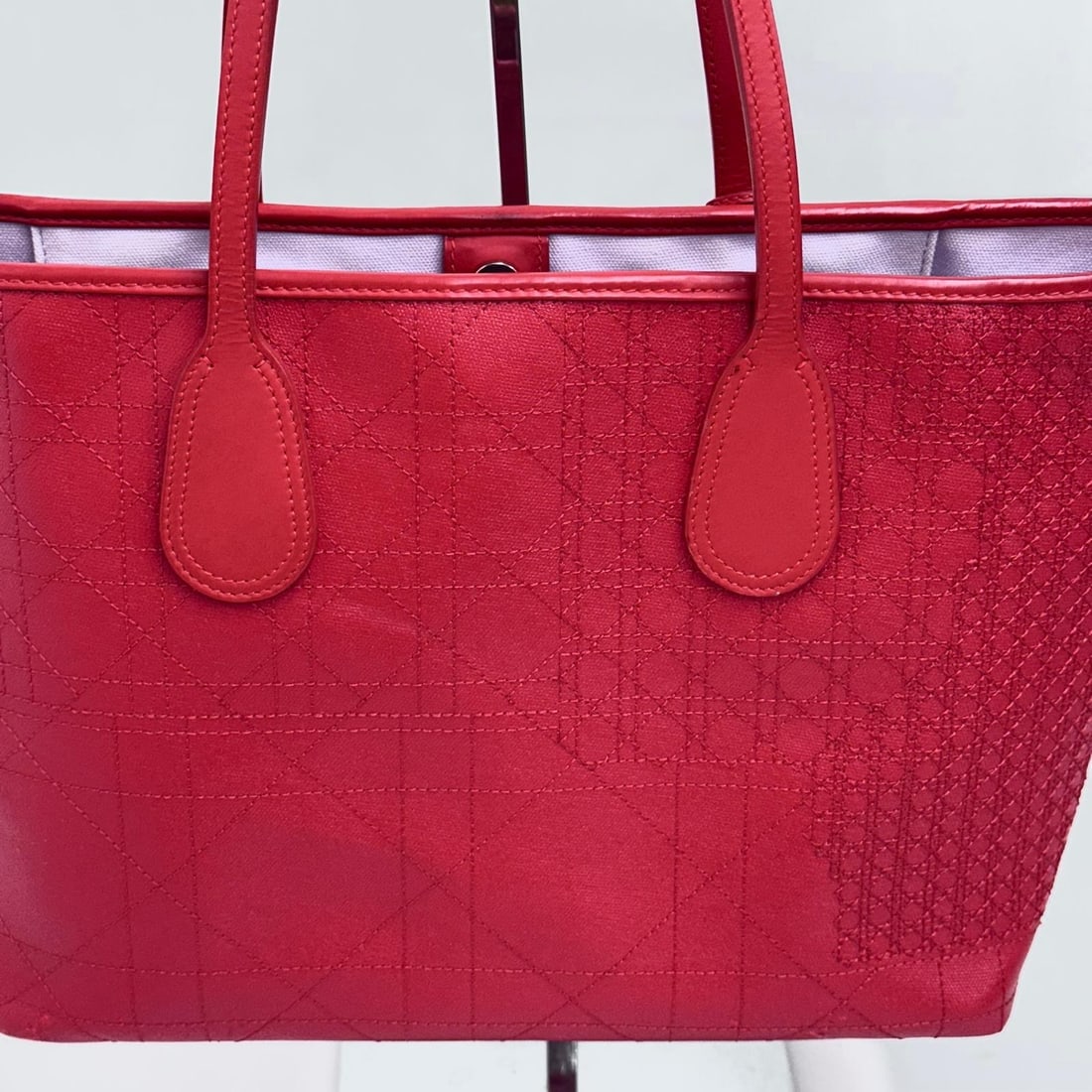 CHRISTIAN DIOR Panarea Tote Bag in Coral Red Cannage Canvas - 4