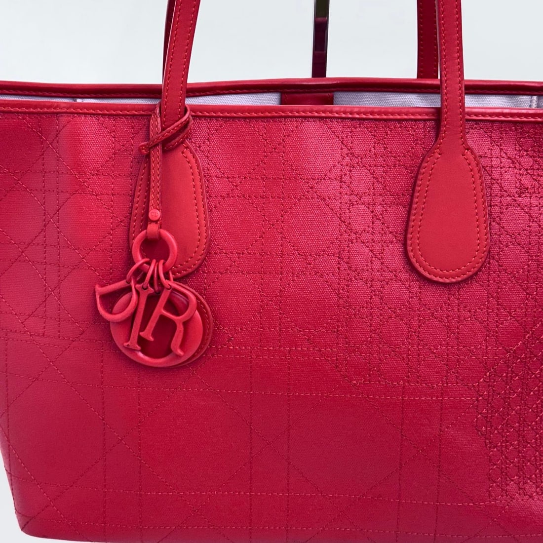 CHRISTIAN DIOR Panarea Tote Bag in Coral Red Cannage Canvas - 6